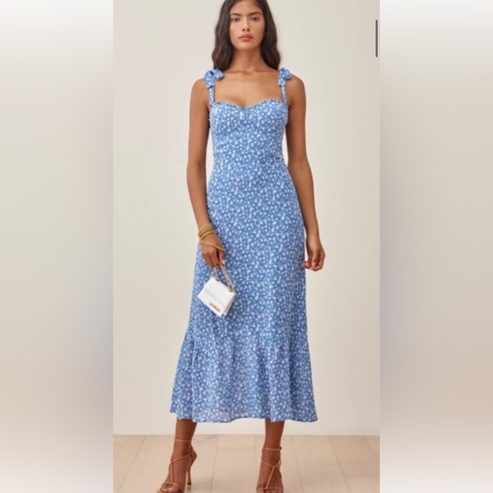 Reformation Nikita Midi Dress, Blue and White Floral Pattern